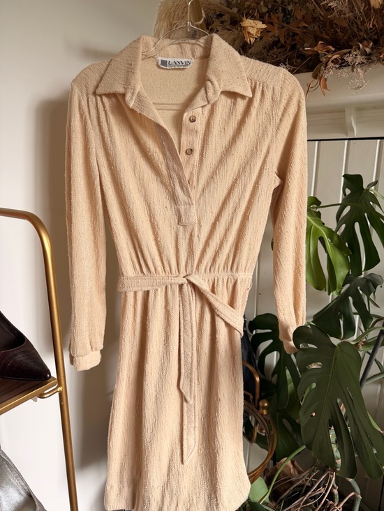 Lanvin Dresses & Skirts - Vintage Lanvin Beige Cream Long-Sleeve Dress with Tie Waist